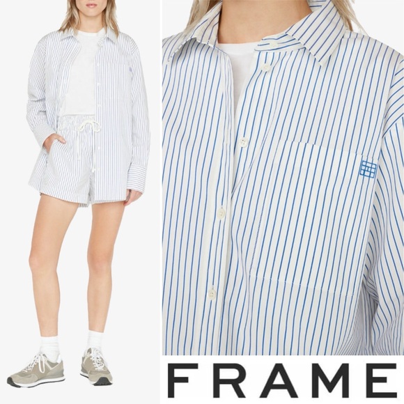 FRAME The Oversized Striped Cotton Shirt In Cobalt Multi S White Button Down - Picture 4 of 16